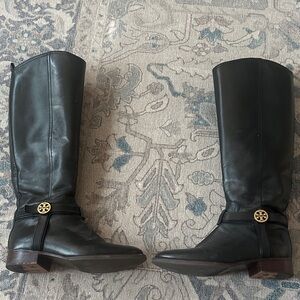Tory Burch Black Leather Riding Boots with Gold Hardware